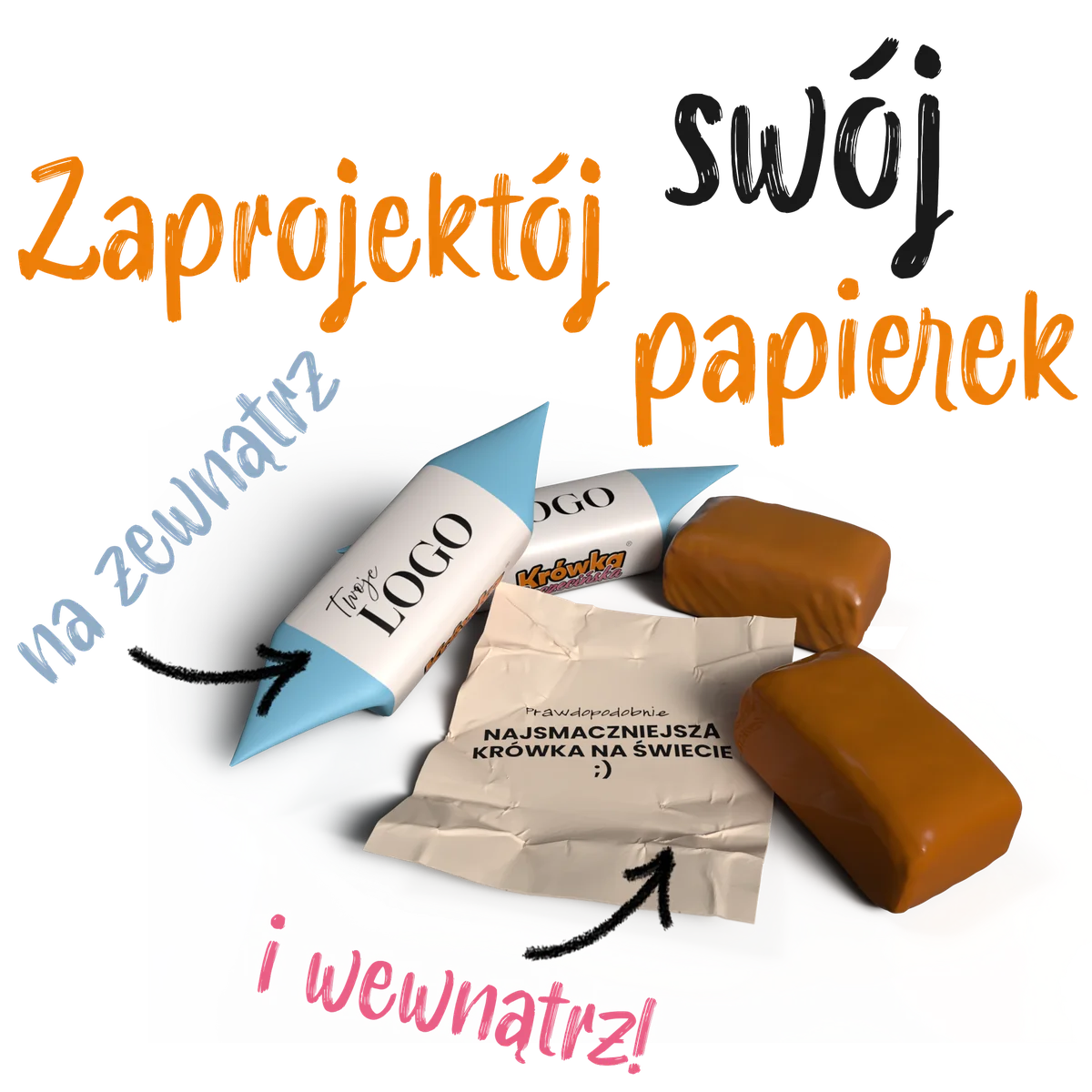 Zaprojektuj swój papierek — krówka z logo na zewnątrz i tekstem wewnątrz