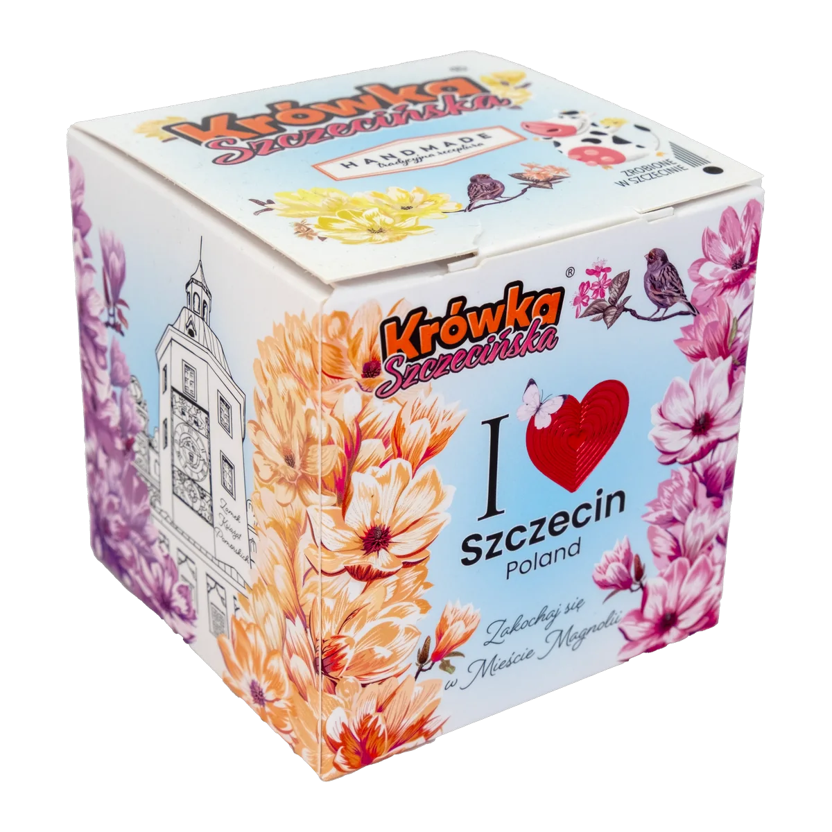 Kartonik Krówki Szczecińskiej Magnolia 200 g z napisem I Love Szczecin i motywem magnolii