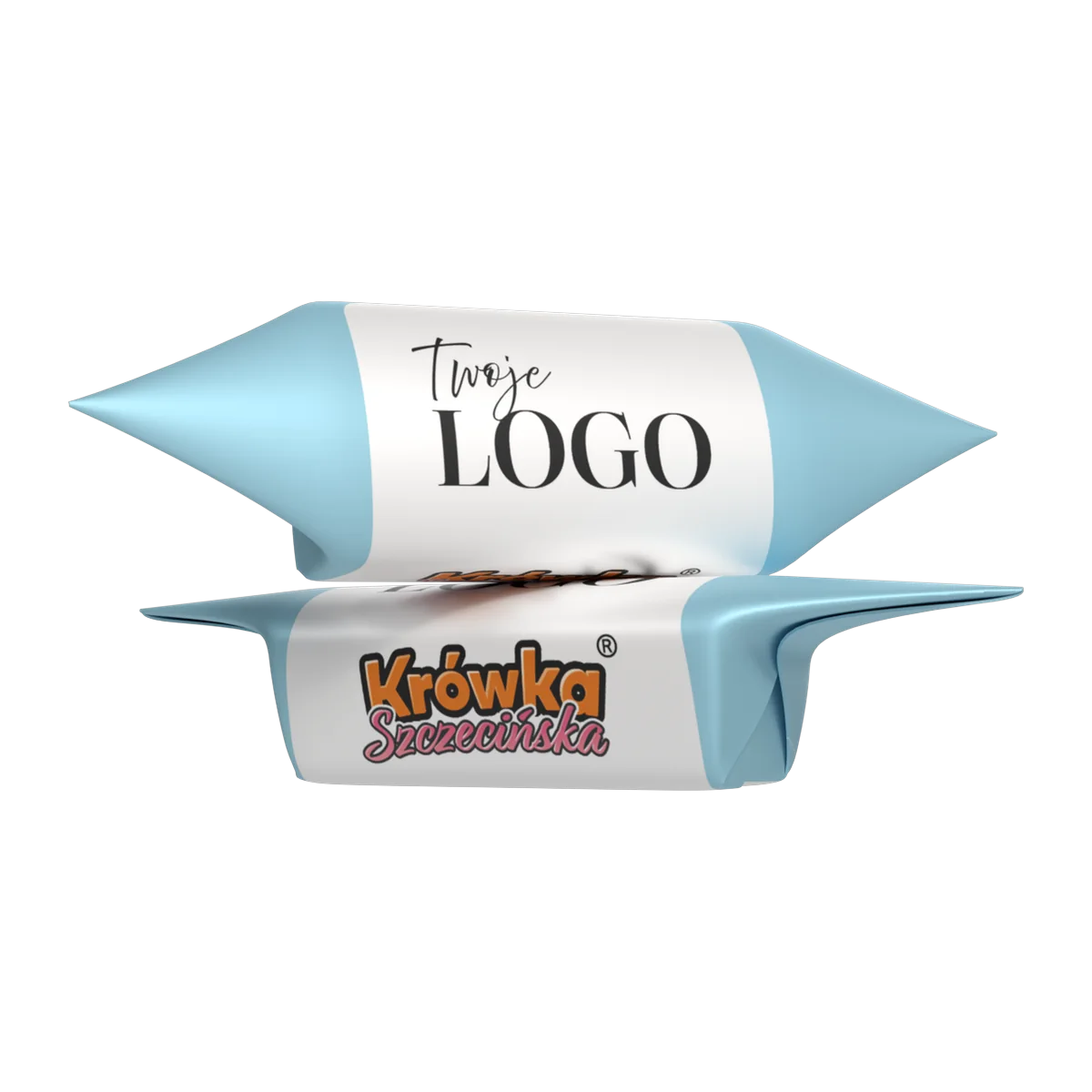 Krówka w papierku z logo klienta i logo Krówki Szczecińskiej